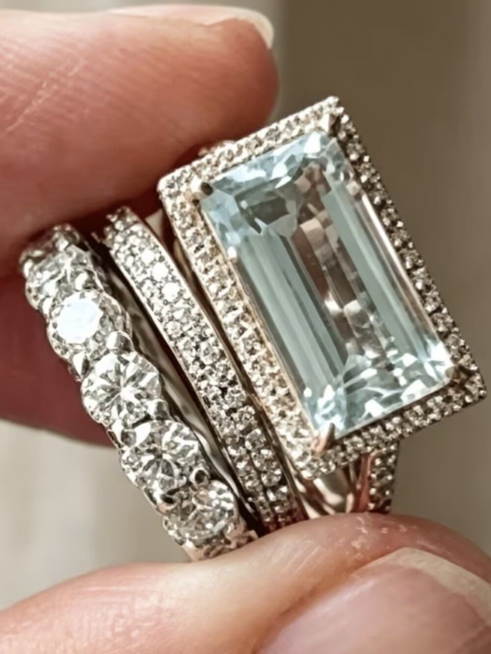🩵🩶NEW🩵🩶 STUNNING!! Vintage 3PC Set Aquamarine CZ'S Ring In SILVER Plating